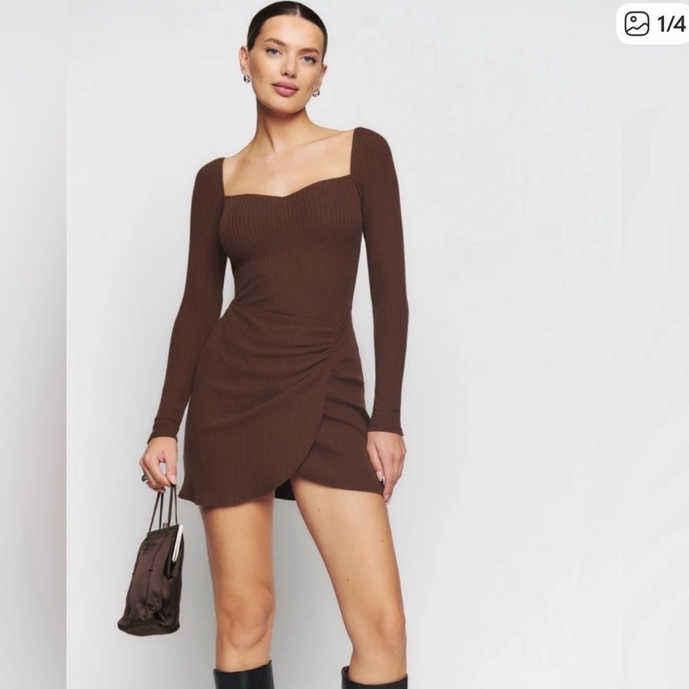 Chocolate Brown Long-Sleeve Ribbed Mini Dress
